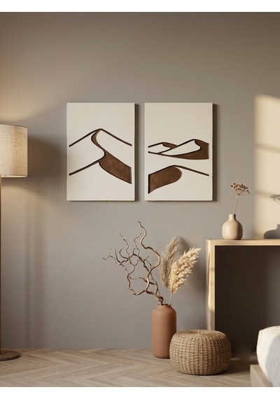 Abstract Dunes 2'li Duvar Sanatı Seti - Modern Soyut Kum Tepesi Motifli Kazıma Tablo, Organik Minimalist Tablo