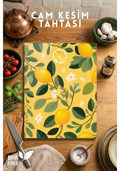 Limon Desenli Cam Kesim Tahtası - 25x35cm -dayanıklı Ve Pratik Kesim Matı Sarı