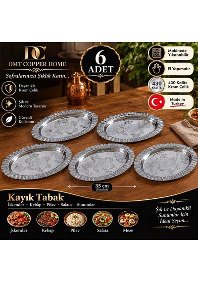 430 Kalite Krom Çelik Çirtikli Kayık 6 Adet Servis Tabağı 35 Cm İskender, Kebap, Pilav Ve Salata Sunum Tabağı Gümüş