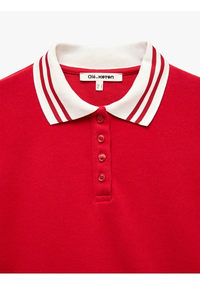 Koton Rahat Kalıp Düğmeli Uzun Kollu Çizgili Polo Yaka Sweatshirt Kırmızı 7wal10212ık