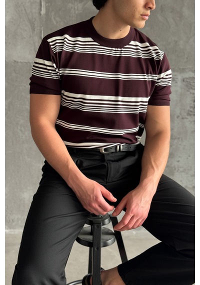 Erkek Bisiklet Yaka Oversize Çizgili Triko T-shirt Bordo