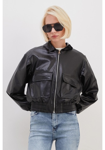 Fullamoda Çift Cepli Polo Yaka Suni Deri Bomber Ceket Siyah