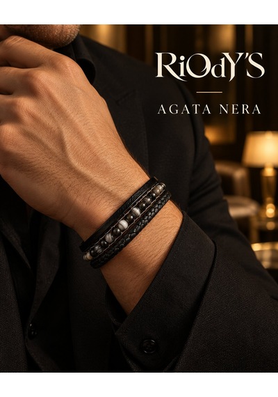 Riody's Agata Nera Erkek Bileklik Doğal Siyah Akik Taşlı Siyah Deri Çelik Kilit Siyah - Gri