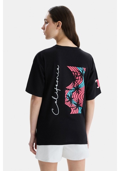 Ucla Paradıso Siyah Bisiklet Yaka Baskılı Oversize Kadın Tshirt Siyah