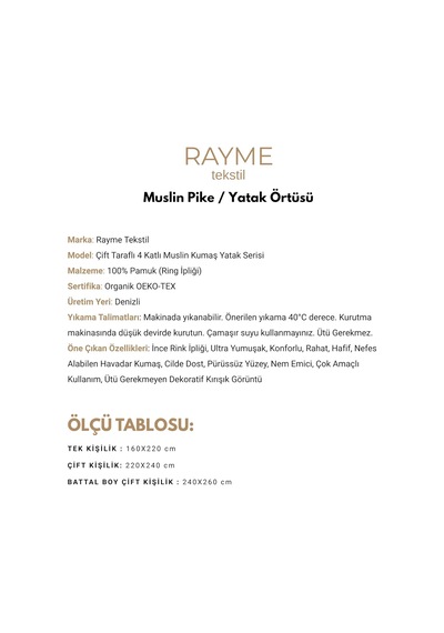 Rayme Tekstil - Müslin Pike Tek Kişilik, 100% Pamuk 4 Katlı Kaliteli Müslin Yatak Örtüsü, Dekoratif Şık Yumuşak Hafif Yazlık Pike Mor, Tek Kişilik 160x220 Cm Çok Renkli