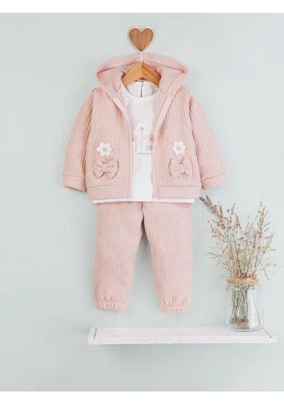 Baby Rose Kız Bebek Papatya Nakışlı Hırkalı 3lü Eşofman Takım-14922 Pudra