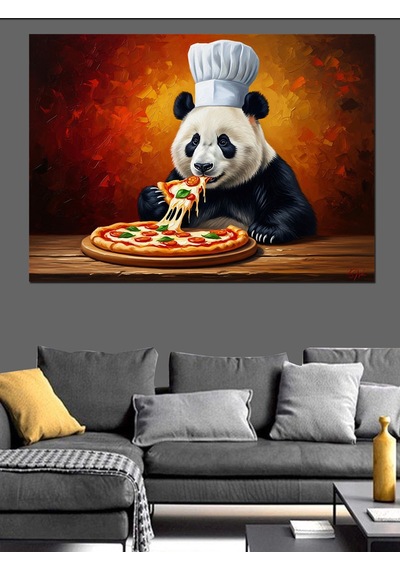 Pizza Yiyen Şef Önlüklü Panda Dekoratif Kanvas - Mdf Ahşap Tablo