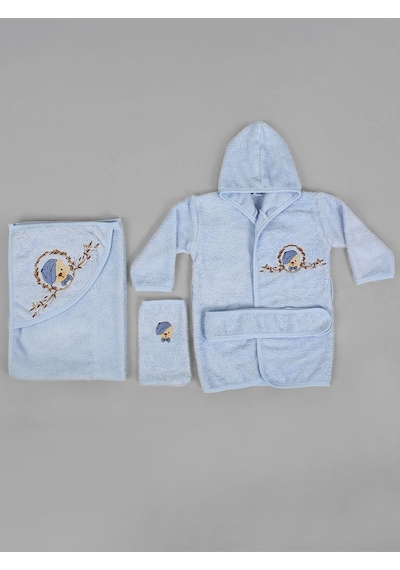 %100 Pamuk Bebek Çocuk Bornoz Havlu Takımı Set Mavi