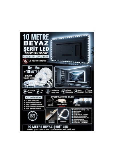 10 Mt Beyaz, Şerit Led Bantlı ,mutfak Dolabı Tezgah Aydınlatması Led 12v ,yapışkanlı Led Işık Trafo Hariç 5+5 Mt 2 Rulo 10mt Beyaz-6500k 10 Mt Beyaz, Şerit Led Bantlı ,mutfak Dolabı Tezgah Aydınlatması Led 12v ,yapışkanlı Led Işık Trafo Hariç 5+5 Mt 2 Rulo 10mt Beyaz-6500k