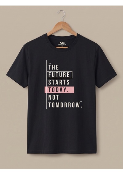 Maccali Erkek Siyah The Future Starts Today Baskılı Bisiklet Yaka Bol Kesim Tişört