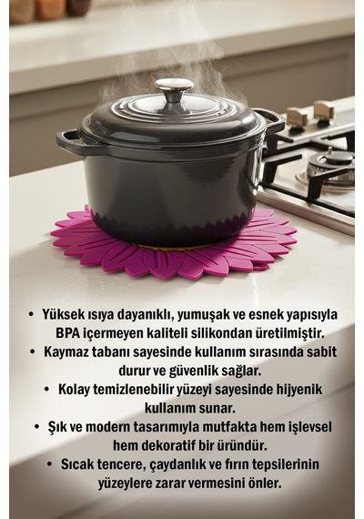 Ayçiçeği Model Kaymaz Silikon Nihale Tencere, Tava, Çaydanlık Ve Servis Altlığı 18,5 X 18,5 Cm Pembe