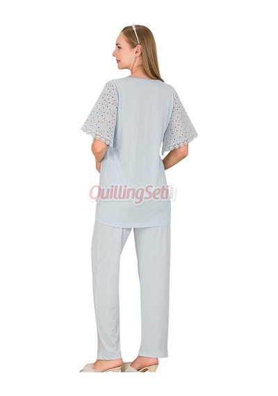 Lady Bebe Mavi Renkli Dantel Detaylı 33207 Kısa Kol 2 Parça Lohusa Hamile Pijama Takımı Açık Mavi