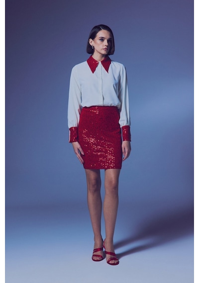 Sateen Payetli Mini Etek - Kırmızı-135369 Kırmızı