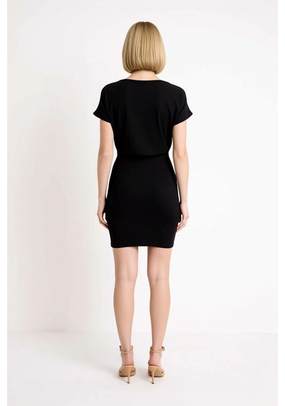 Benerly Kadın Kolsuz Bodycon Mini Elbise Kayık Yaka Düşük Kol Detaylı %97 Siyah