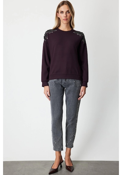 On Fashion Kadın Omuzları İncili Sıfır Yaka Bordo Sweatshirt 66338 Bordo