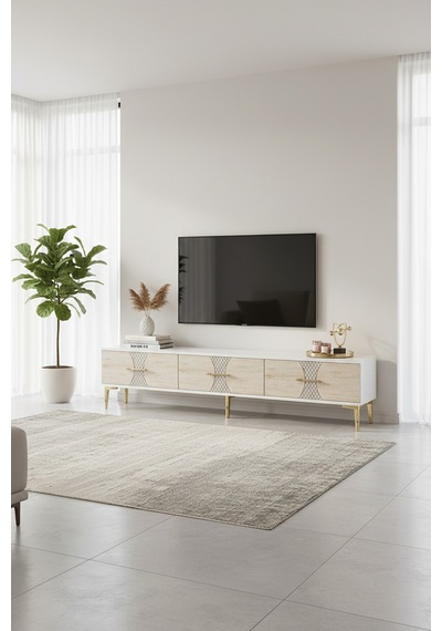 Tsa1832atg Slim Tv Stand, Tv Sehpası Antrasit-traverten-gold 180cm