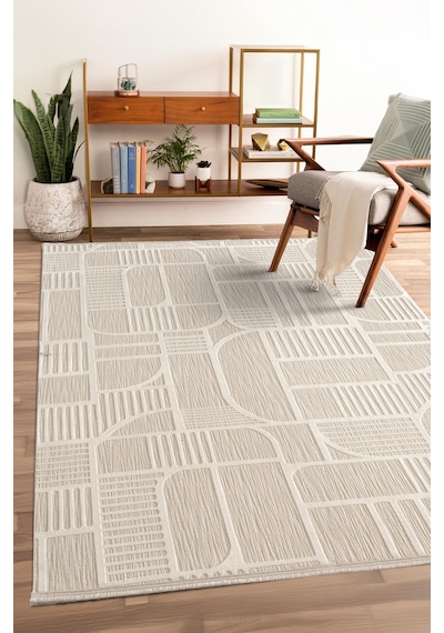 Tablo Tl008a Beyaz Halı Geometrik Desen Antialerjik Pamuk Taban Yıkanabilir Salon Halısı Yatak Odası Krem