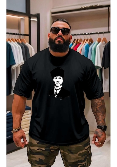 Atatürk Baskılı Oversize Unisex Tişört SIYAH