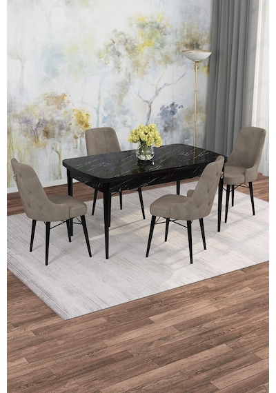 Mona Siyah Mermer 80x132 Açılabilir Mdf Masa Yemek Odası Takımı, Mutfak Takımı 4 Adet Sandalye Siyah Mermer - 4 Cappuccino - Siyah Ayak