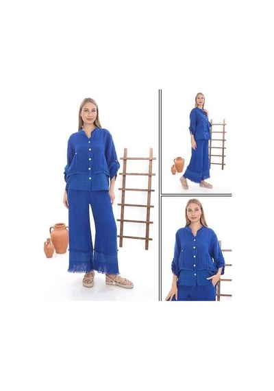 Eren Style İtalyan Fisto Detaylı Keten Pantolon-9186 Saks Mavi