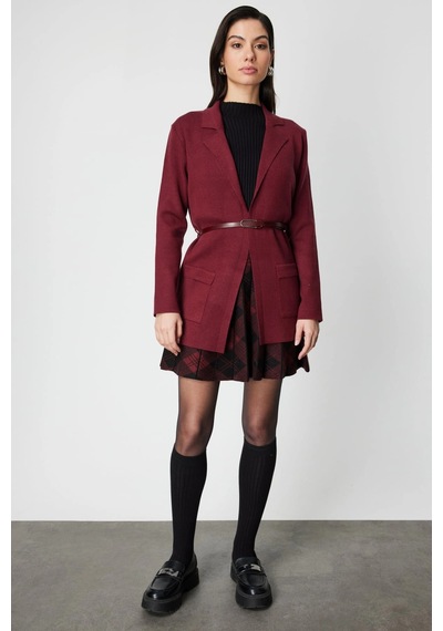 On Fashion Kadın Önü Açık Cepli Kemerli Bordo Hırka 69907 Bordo