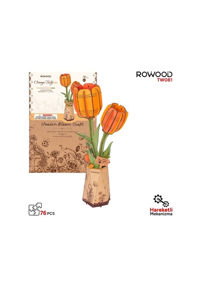 Rowood Tw081 Lale Çiçeği Orange Tulip Dıy Minyatür Maket Model Seti Ahşap 3d Wooden Puzzle 3d Model Kit Ahşap Maket Dekoratif Hobi Seti