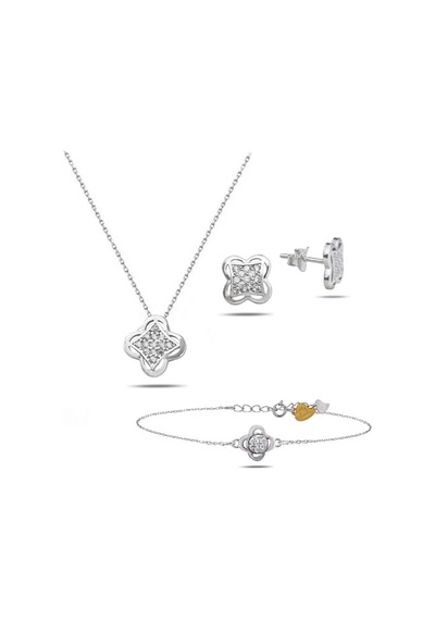 Brezza Lusso Jewelry Swarovski Taşlı Elegant Yonca Kadın Gümüş Kolye Küpe Bileklik Set