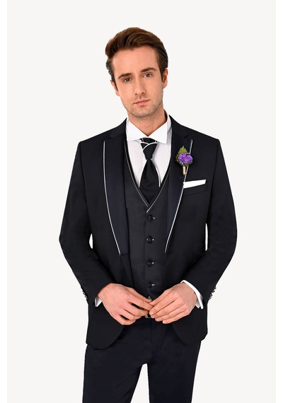 Ysf Erkek Lacivert Yelekli Mono Yaka Slim Fit Damatlık