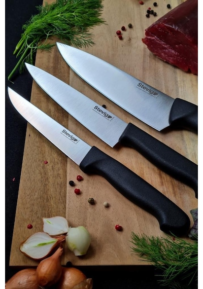 Stevig Cut 4 Chef's Kitchen Şef Ve Sebze Bıçak Seti 17,5 Cm 15 Cm Ve 12,5 Cm St-400.001 - St-400.002 - St-400.003 Siyah