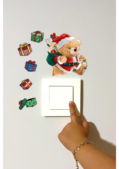 Yeni Yıl Sevimli Ayıcık Ve Hediye Paketleri Kış Konseptli Sticker Yılbaşı Süsü Kış Konseptli Priz Dijital Baskı