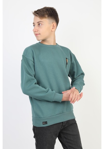 Bisiklet Yaka Cep Fermuar Detaylı Erkek Çocuk Sweatshirt-90856 Yeşil