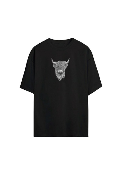 Thewert Unisex İskoç Sığır Baskılı Siyah Oversize Tshirt