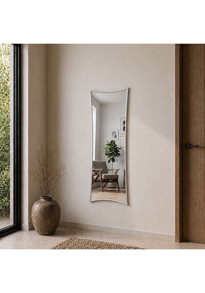 Modern Kavisli Boy Aynası 40x120 Cm Dalgalı Formlu Minimalist Dekoratif Duvar Aynası Gümüş
