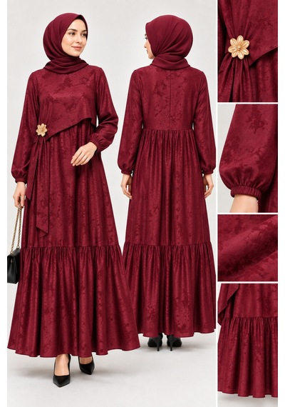 Miss Meliss Sandy Jakar Tokalı Boydan Elbise Bordo Bordo
