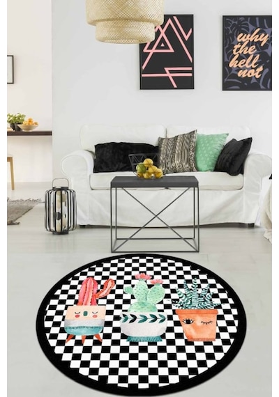 Black Happy Cactus Djt Siyah Çap 200X200 Cm Yıkanabilir Halı