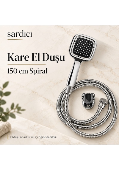Sardıcı Krom Banyo Bataryası Seti Kare El Duşu 150 Cm Spiral Ve Dirsek Takımı Batarya