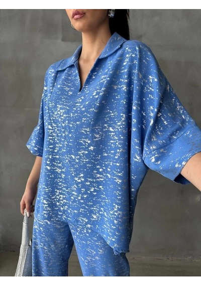 Defymoda Varaklı Bluz Pantolon Takım - Mavi Mavi