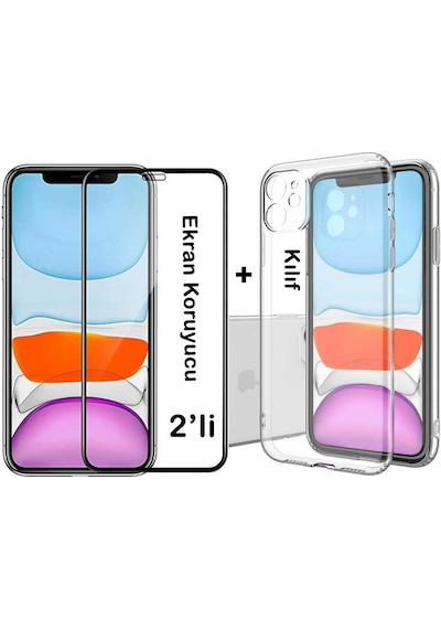 Apple Uyumlu   iPhone 11 Ekran Koruyucu Kırılmaz Cam Ve Şeffaf Kılıf Takım