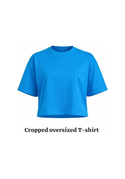 Kadın Mavi Oversize Crop Pamuk T-shirt Mavi