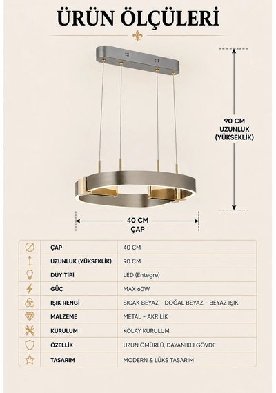 Modern Premium 3 Renkli Ledli Sarkıt Avizesi Platin Renk Salon Mutfak Oturma Odası Modelleri 60w Beyaz