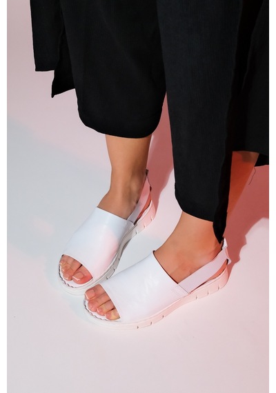Luvishoes Londoi Beyaz Cilt Hakiki Deri Lastikli Kadın Sandalet Beyaz