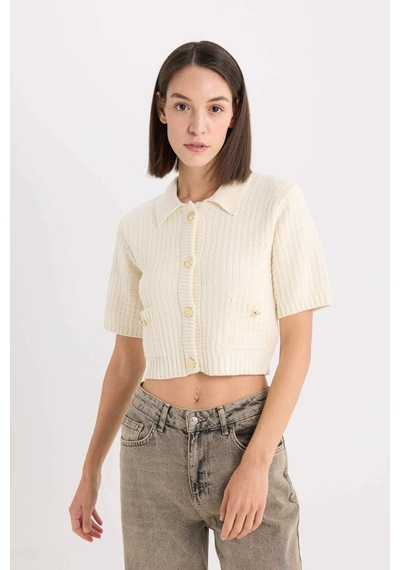 Defacto Cropped Fit Gömlek Yaka Düğmeli Triko Kısa Kollu Hırka E1977ax24wner105 Ekru
