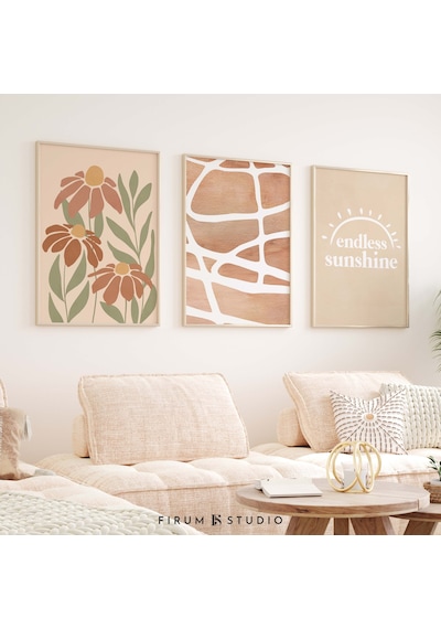 Boho 3'lü Set, Hafif Estetik Sanat, Galeri Duvar Seti, Sıcak Tonlar, 3'lü Duvar Sanatı Seti