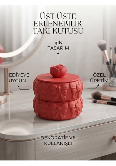 Özel Tasarım Blossom Takı Kutusu Ve Dekoratif Fiyonklu Saklama Kabı Kırmızı