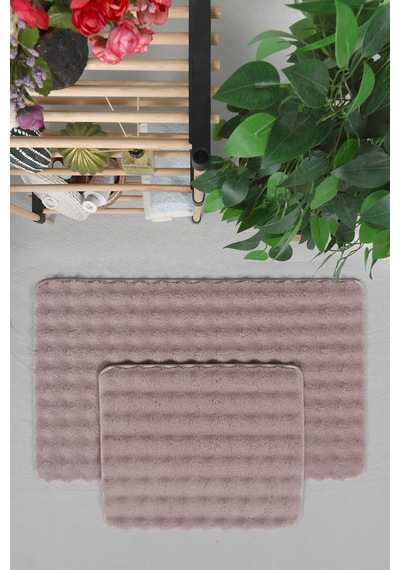 Modern Bubble Yıkanabilir Kaymaz Peluş Banyo Paspası Halısı 2'li Klozet Takımı 50x80-50x40cm Pembe