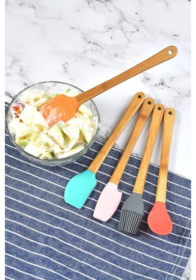 Thentech 5'li Silikon Servis Spatulası Yumurta Sürme Fırçası Silikon Kaşık Tahta Saplı Hijyenik Set Kahverengi
