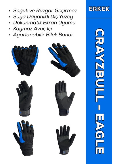 Crazybull Eagle Mavi / Su Ve Rüzgar Geçirmez Kışlık Erkek Motosiklet Eldiveni + Buff