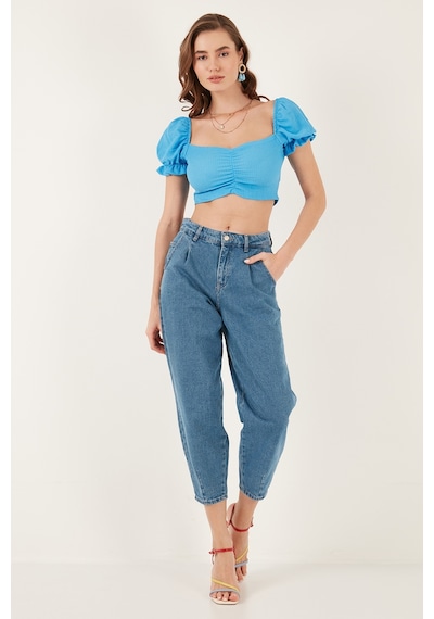 Lela Slim Fit Büzgü Detaylı Kalp Yaka Crop Bayan Bluz 5865601 Mavi