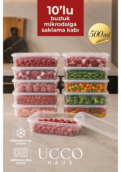 10 Adet 500ml Ekonomik Plastik Buzdolabı Dondurucu Erzak Sızdırmaz Saklama Kabı Buzluk Organizer Şeffaf