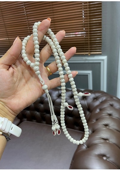 Kırmızı Zirkon Taş Detaylı Gümüş Kazaziye Namaz Tesbihi